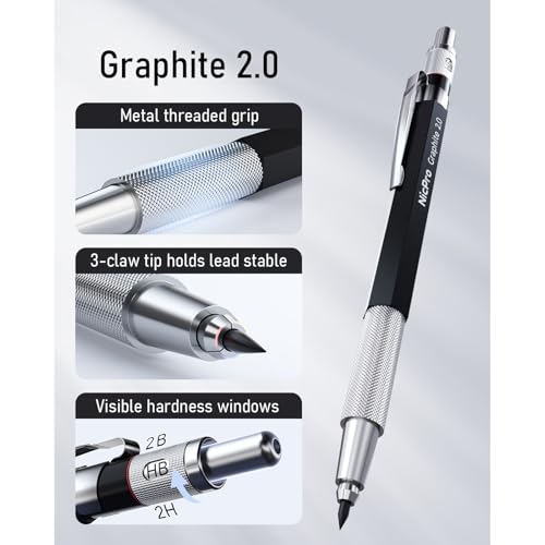 Nicpro 2mm Metal Mechanical Pencil Set with Case, 3PCS Lead Pencil Holder 2.0 mm with 144PCS Lead Refills (4H 2H HB 2B 4B 6B Color), Eraser, Sharpener for Drafting Writing Drawing Sketching - Thumbnail 4