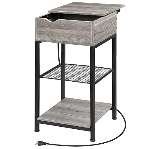 Mesa auxiliar con estación de carga, mesita de noche, mesa lateral estrecha deslizante con estante de almacenamiento con puertos USB y tomas de corriente para espacios pequeños, sala de estar,
