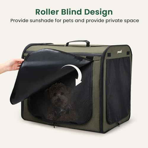 pecute Hundetransportbox Stabil Hundebox Auto Faltbar Transportbox Hund 61 x 52 x 45 cm, Leicht Katzen Transportboxen Atmungsaktiv Hundebox mit Rolltor, Transportbox Zum Autofahren Reisen, Dunkelgrün