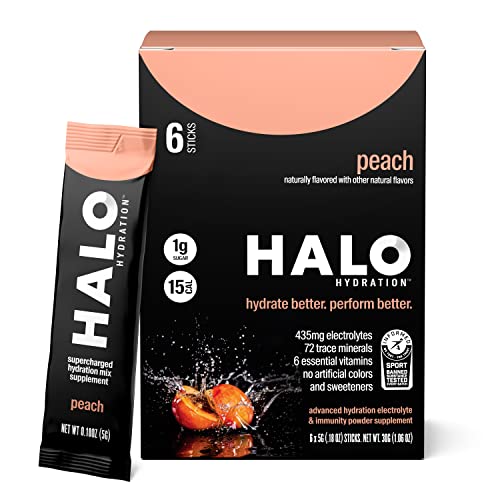 HALO Hydration Melocotón - Bebida Electrolítica en Polvo - Suplemento Rico en Vitamina C y Zinc para una Hidratación Completa - Keto, Vegano y Bajo en Calorías - 6 Sobres Cover