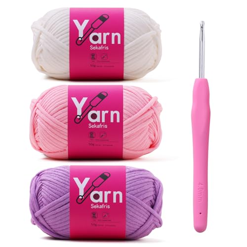 Image of Crochet Yarn 150g /163.5yds Cotton Yarn for Crocheting - Crochet Knitting Yarn for Beginners with Easy-to-See Stitches - Yarn for Crocheting - Parfait Chunky Yarn (White+Pink+Pale Purple)
