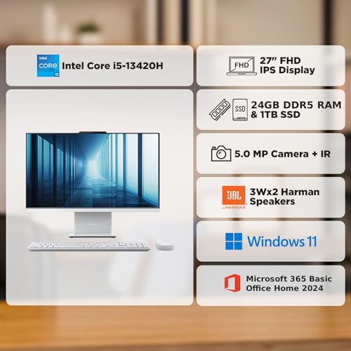 Image of Lenovo IdeaCentre AIO Intel Core i5-13420H 27 inch FHD (24GB RAM /1TB SSD /Win11 /Microsoft 365 Basic + Office Home 2024 /3Wx2 Harman /Wireless EOS Keyboard & Mouse,Grey), F0HM00W6IN All-in-One Desktop