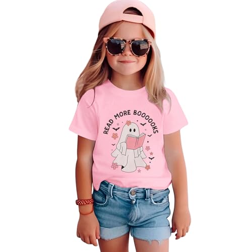 BOUTIKOME Kid Girls Halloween T-Shirt Ghost Read More Books Graphic Shirts Short Sleeve Tees Fall Tops Spooky Season Outfits