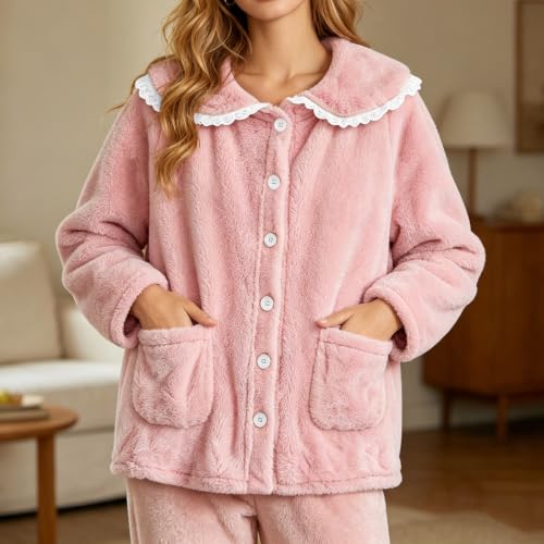 VBTAPA Pajama Set Women Bed Jackets for Women Cozy Fleece Long Sleeve Lounge Coats Fall Winter Lightweight Button Cardigan With Pockets 2026 Pink M - image 8