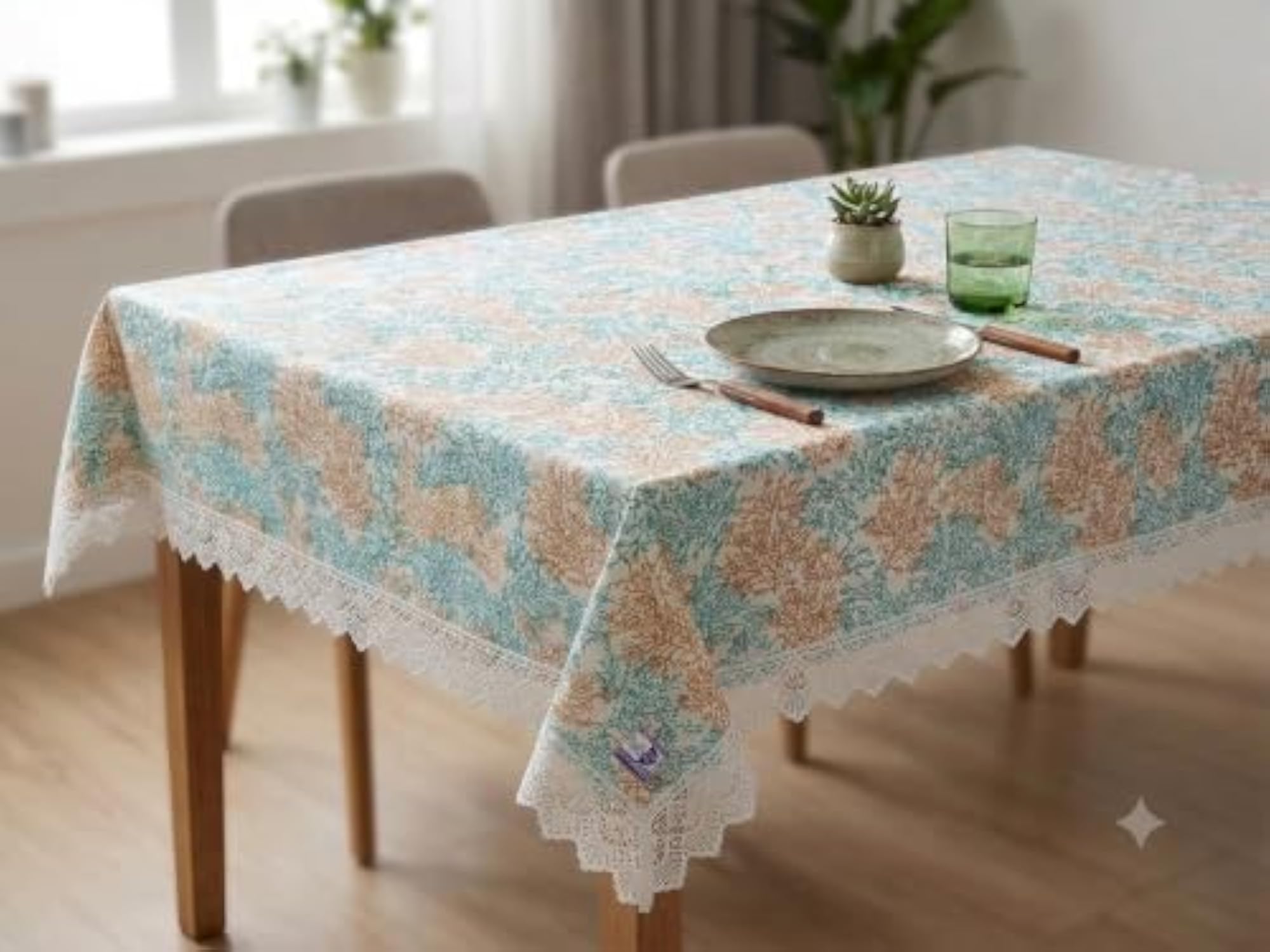 6 Seater Premium Handblock Style Cotton Tablecloth with Cotton Lace Edging