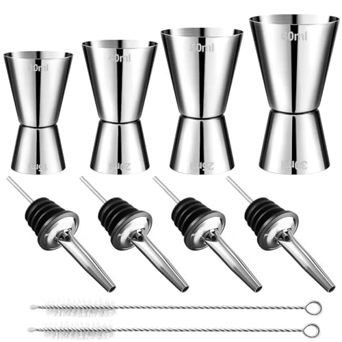 Mexgcom 4 Stück Cocktail Messbecher, Edelstahl Barmaß, 3cl/4cl/5cl/6cl Doppelmaß Jigger mit 4 Flaschenausgießern & 2 Pinseln, Messbecher Cup Set für Bar Party