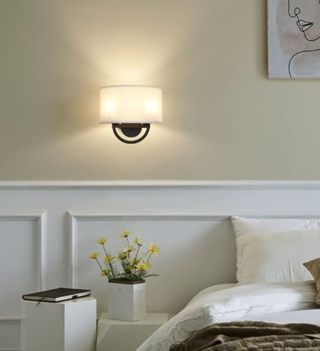 Image of Industrial 2-Lights Wall Sconce Fixture with White Fabric Shade, Double Arm Wall Light Lamps Decor for Hallway Bedroom Living Room Bathroom Stairway