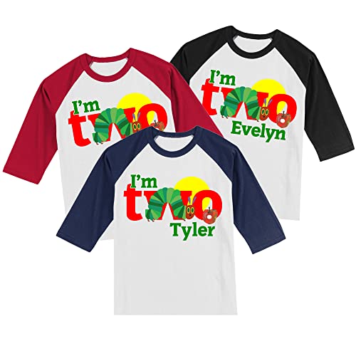 Personalized Caterpillar 2nd Birthday Shirt | 2nd Birthday Shirt | Handmade Decorated Shirt | Personalized with Name and Age | Unisex 3/4 Sleeve Raglan T-Shirt | #11324
