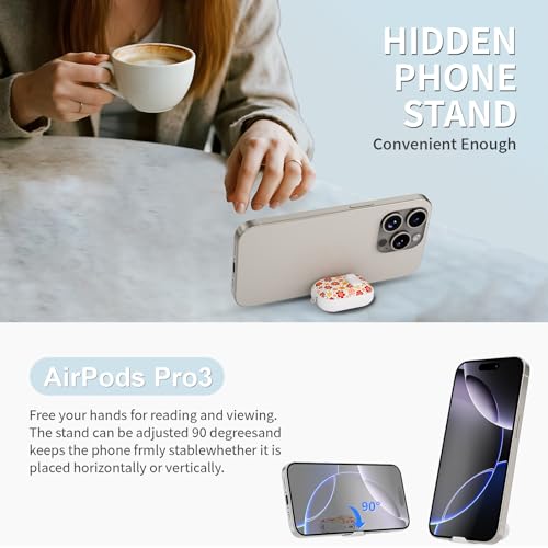 Image of for AirPods Pro 3 Case with Lock & Phone Stand,Cute Floral Pattern Style | PC&TPU Dual Layer Protective Cover with Keychain & Cleaner Pen for Apple AirPod Pro 3rd Generation Women(Five-Petaled Flower)
