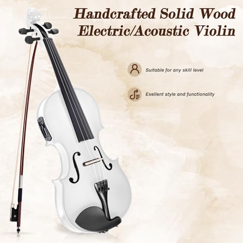 Image of Electric /Acoustic Violin with Ebony Accessories with Carrying Case, Violin Bow, Bridge, Shoulder Rest, Stickers, Tuner, Instruction, Handcraft with Maple, Spruce (White)