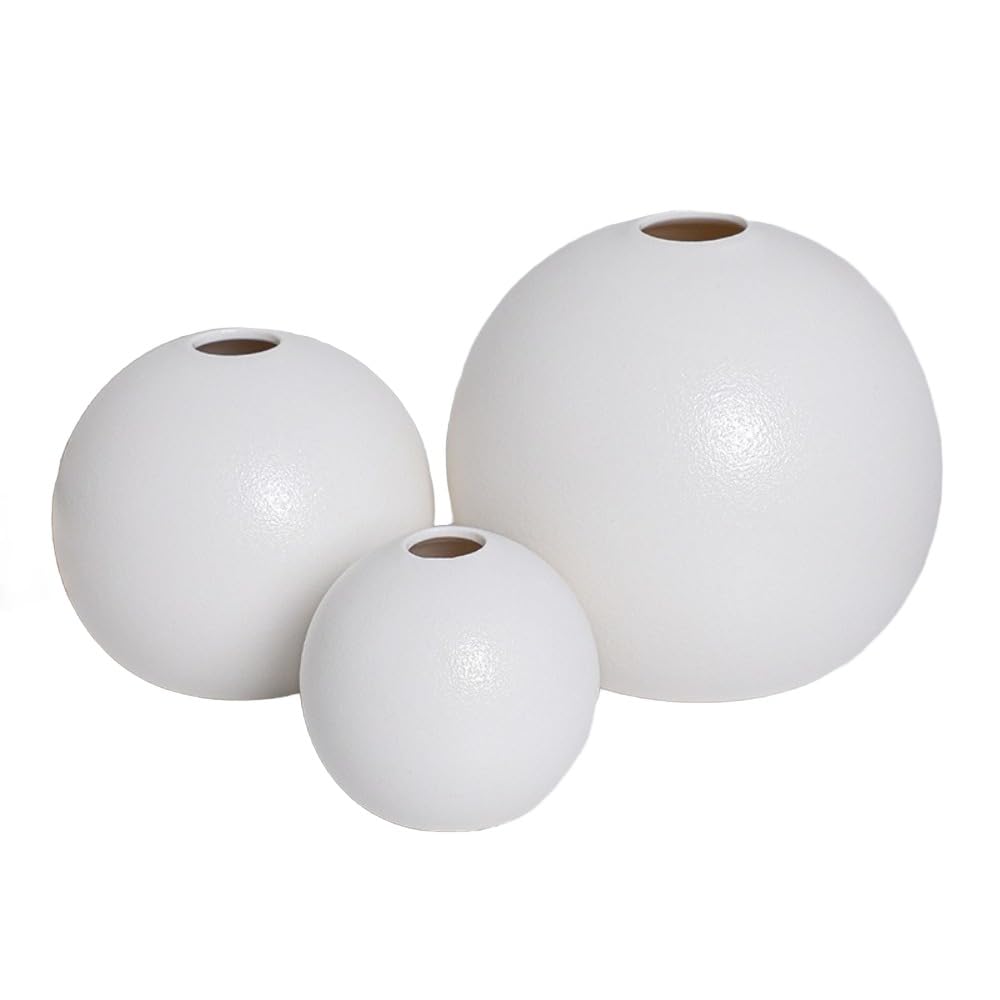 Keramik Kugelvase rund Vase 3er Set minimalistisch Blumenvase für Pampasgras Trockenblumen Tischdeko Wohnzimmer Esstisch Büro Innenbereich Moderne Dekoration Geschenkidee,Weiß