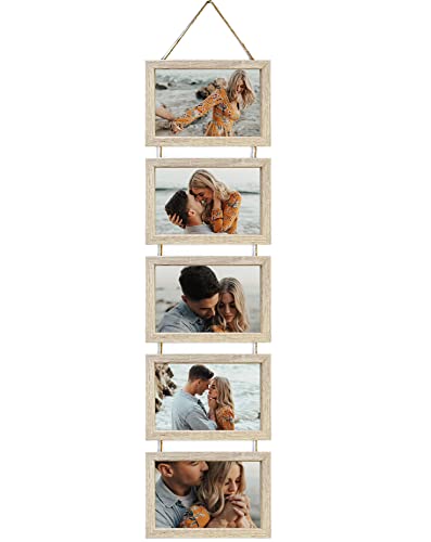 Ichigo Ichie Portafotos Múltiple Decorativo, Marcos de Fotos de Madera con Cuerda para Colgar en la Pared para 5 Fotos de 10x15cm, Madera