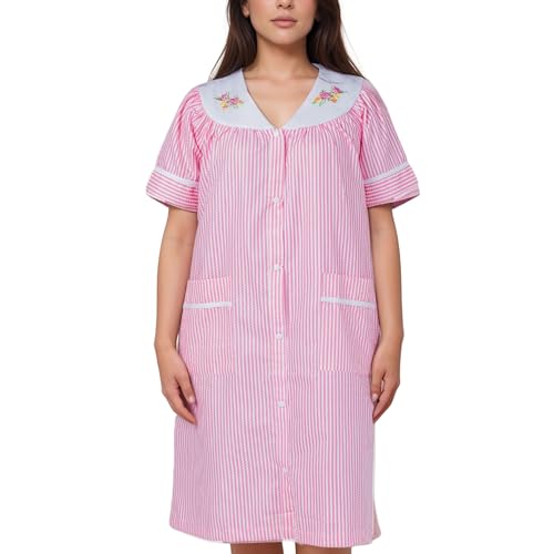 Image of Women's Short Sleeve Woven Snap-Front Closure Striped Embroidery Housecoat Duster Nightgown with Front Pockets