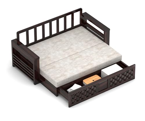 Image of Solid Wood Sofa Cum Bed for Living Room | Wooden Pull-Out Sofa Bed with Carved Front Design | Modern 3 Seater Convertible Diwan Bed for Home & Guest Room (Walnut Finish)