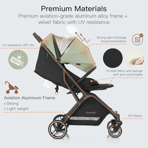 Gravity Folding Baby Stroller - Portable Travel Toddler Stroller w/Adjustable Backrest, Canopy & Cup Holder, Lightweight and UV Protected, One-Hand Automatic Folding - Green - Image 6