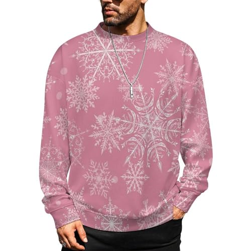 MoBlinko Mens Sweater Pink Snowman Snowflake Sweaters for Men Crew Neck Sweater for Men Lightweight Pullover