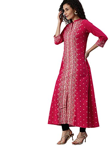 Image of ishin Women's Cotton Regular Fit Anarkali Embellished Beads and Stones Floral Print Kurti