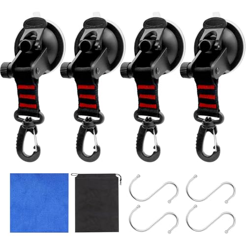 4 Stücke Saugnapf Haken Camping, Saughaken Extra Stark mit 360° Drehbarem D-Ring Gurthaken, Vakuum Camping Saugnapf Haken mit 4 S-Haken für Auto Seitige Markisen Zelte Camping Planen Zubehör