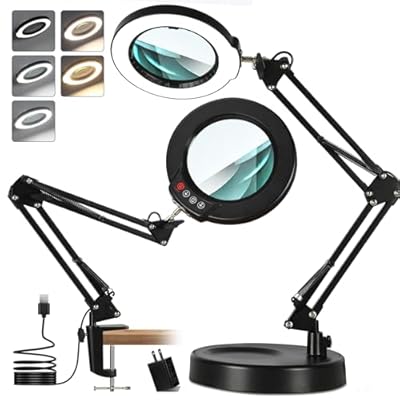 MagnieOpti 10X Magnifying Glass with Light and Stand, Real Glass Lens Magnifying Desk Lamp, Lighted Magnifier with Light Stepless Dimming Hands Free for Craft, Reading, Painting, Sewing, Solder