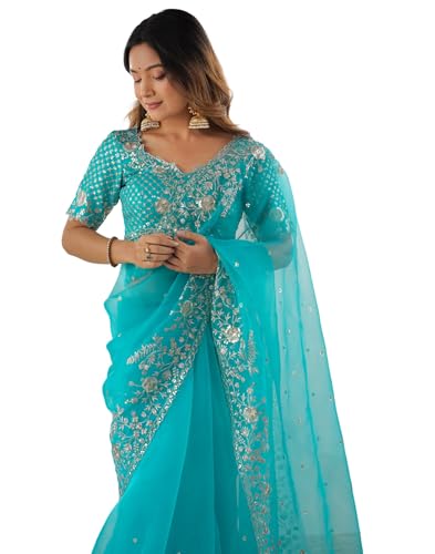 Image of SIRIL Women's Organza Sequence Embroidery Saree With Unstitched Blouse Piece