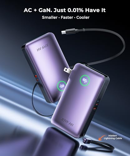 Image of JOYFAR Portable Charger Power Bank - Battery Pack 35W AC Plug GaN 10000mAh Built in Cable USB C Phone Fast Charging Powerbank Compatible with iPhone 16 15 14 13 12 11 X iPad MacBook Samsung (Purple)