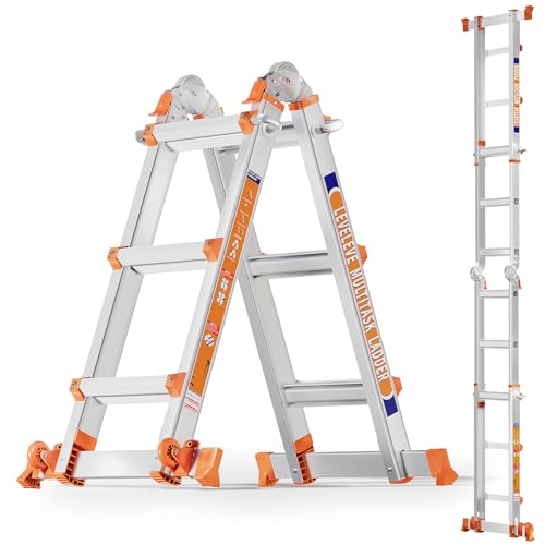 LEVELEVE Multi Position 3 Step Ladder, 14FT Extension Ladder with Stabilizer Bar & Wheels,330 lbs Security Load A Frame Ladder for Stairs Home Indoor Outdoor Roof