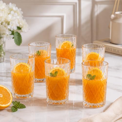 Image of bellemax 278 ML Checkered Design Water & Juice Glasses | Premium Drinking Glasses for Water, Juice, Cold Drinks & Beverages | Stylish Glass Tumblers for Home, Kitchen Set of 6