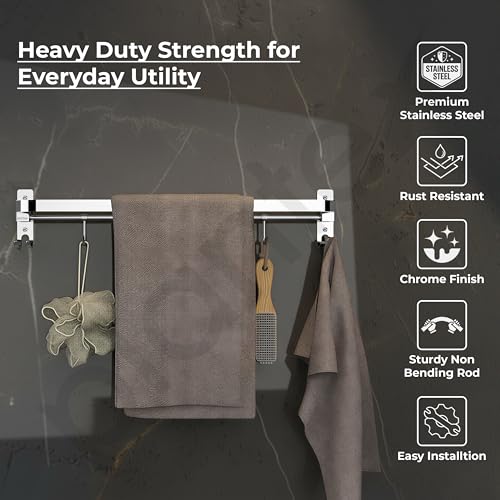 Image of Plantex Stainless Steel Folding 24 Inch Single Towel Rod /Towel Holder for Bathroom with Hooks /Towel Hanger /Towel Stand /Bathroom Accessories - (24 Inch-Chrome)