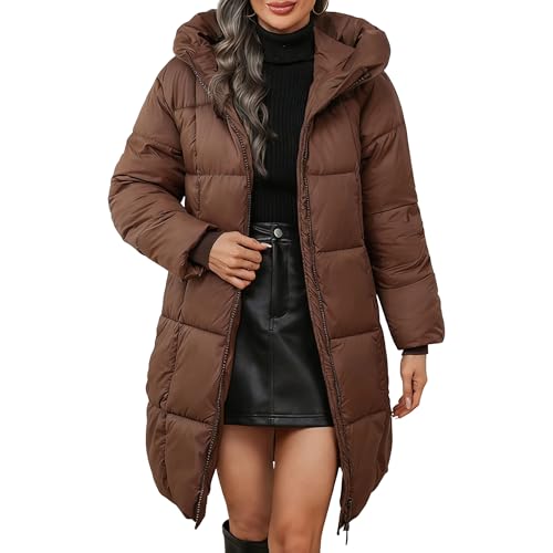 Abrigo largo acolchado con capucha para mujer, chaqueta de invierno acolchada con cremallera completa, ligera y bolsillos, café, XL