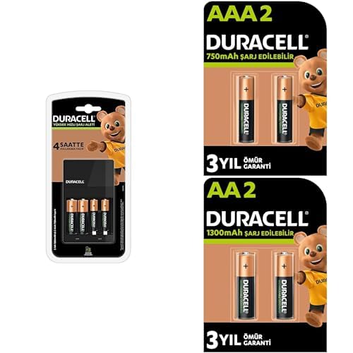 Duracell Cef14 Pil Şarj Cihazı + 2 AA 1300 mAh ve 2 AAA 750 mAh Şarj Edilebilir Kalem Piller (4x1300 AA + 4x750AAA)