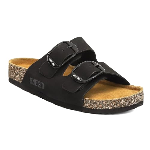 Image of Bregid Women Classic Black Nubuck Leather Sandals | Premium Cork and Eva Comfort Sole for Everyday Wear | Slip on Stylish Footwear with Durable Arch Support
