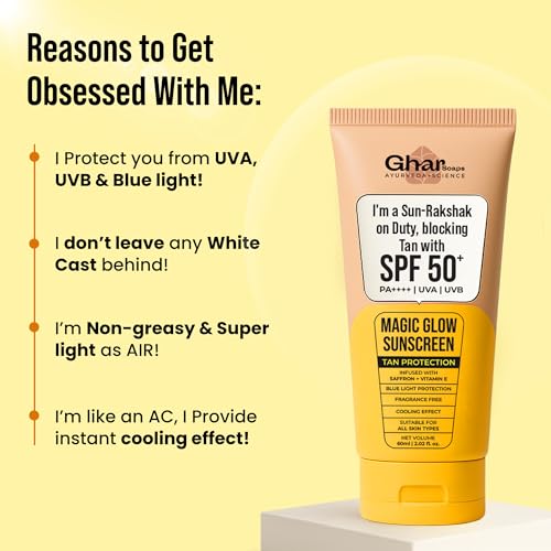 Image of Ghar Soaps Magic Glow SPF 50+ PA++++ Mineral Sunscreen | UVA /UVB & Blue Light Protection | No White Cast, Non-Greasy (60g, Pack of 1)
