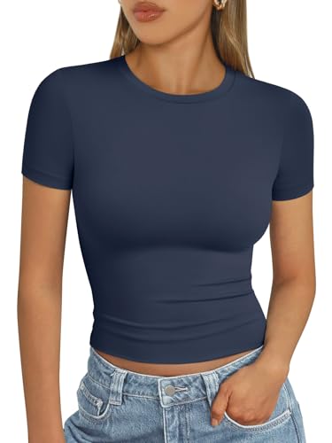 AUTOMET Womens Short Sleeve T Shirts Basic Summer 2025 Workout Tops Crew Neck Gym Crop Tops Trendy Y2K Clothes Navy S