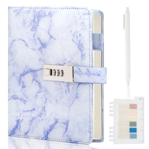 Kutoda Marble Diary with Lock, 192 Pages College Ruled Secret Journal with Lock, Waterproof A5 locked journal for women, Cute Diary Stuff for Teen Girls (Purple)