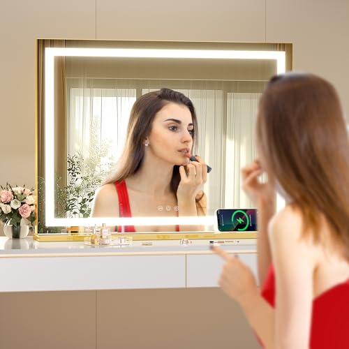 Hasipu Vanity Mirror with Lights, 70 x 50cm LED Makeup Mirror, Lighted Makeup Mirrors with Dimmable 3 Modes, Touch Screen Control Vanity Mirrors Square Gold