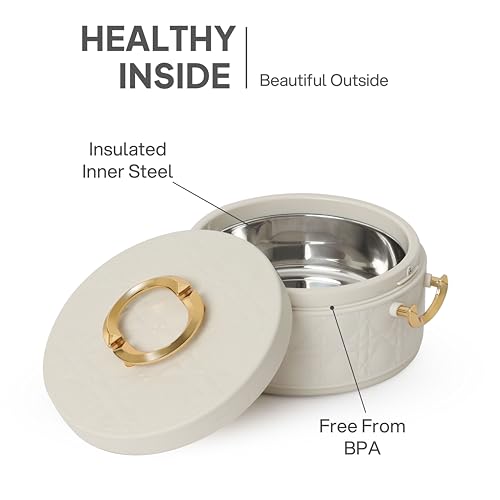 Image of CELLO Ornetto 2000 Insulated Serving Casserole 2000 ml Beige | Food Grade, Double Walled, PU Insulated | Hot Pot Case Keeps Food Fresh & Hot for Long Hours | Casserole Set for Roti, Chapati, Rice