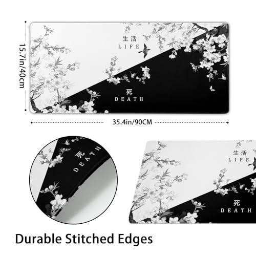 XXL Large Gaming Mouse Pad,Japanese Sakura Death Life Extended Desk Pad Non-Slip Rubber Base 35.4x15.7in