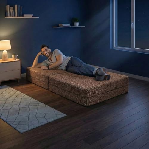 Image of C-Type Sofa Bed 3x6 Ft with Pouffe - Jute Fabric Convertible Floor Sofa Cum Bed with Wide Arm Support for Living Room & Guest Room - Brown Color