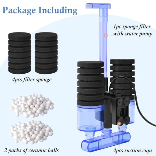 FEDOUR Aquarium Sponge Filter with Water Pump, Quiet Electric Biochemical Filter, with 4pcs Filter Sponge and Ceramic Balls, for up to 40Gallon Fish Tank, Turtle Tank, Shrimp Tank