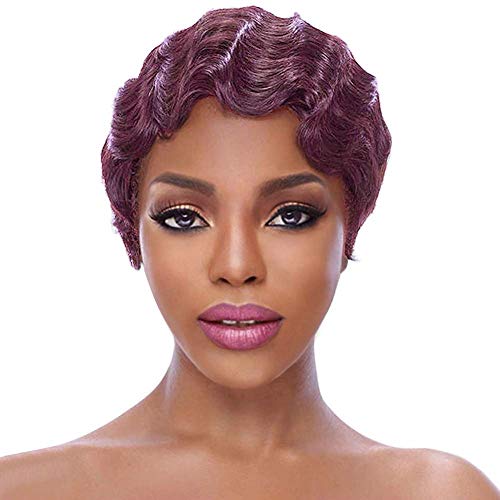 ISHINE Finger Wave Wig Short Curly Wigs 100% Human Hair Wig for Black Women Nuna Wig 1920s Cosplay Costume Halloween Party Daily Use ​(Red Wine #99J