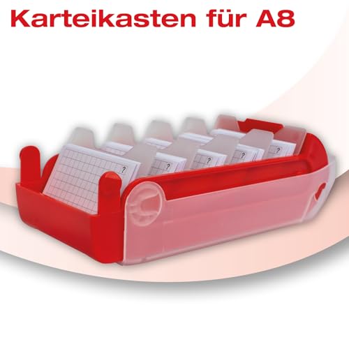 TimeTEX - Karteikasten aus robustem Kunststoff, A8, Halbtransparent mit einschiebbarem Deckel, 5-Fächer-Lernmethode, 20x9x6,5cm, Farbe: rot – Ansicht 2