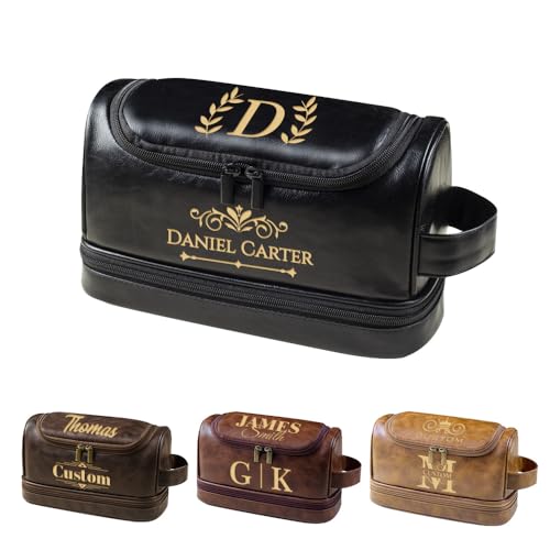 HDSD Personalized Travel Leather Toiletry Bag for Men Hanging Custom Groomsmen Gifts Cosmetic and Toiletries Bag (Black)