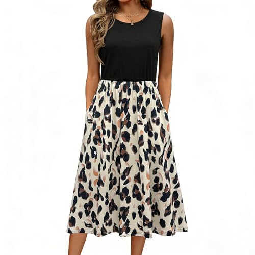 Vestidos Verano Mujer Sin Mangas Cuello Redondo Floral LíNea A LíNea Midi Swing Playa Vestido con Bolsillos(Estampado De Leopardo Negro,M)