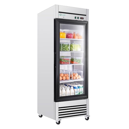 COOLCHEF 27" Commercial Glass Door Refrigerator, 23 Cu.Ft Single Door Reach-In Cooler, 33-40℉, Low-E Tempered Double Glass, 4 Shelves, R290