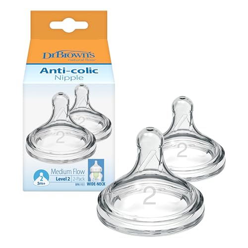 Image of Dr. Brown’s Natural Flow Level 2, Wide-Neck Baby Bottle Nipple, Medium Flow, 3m+, 100% Silicone, 2 Pack