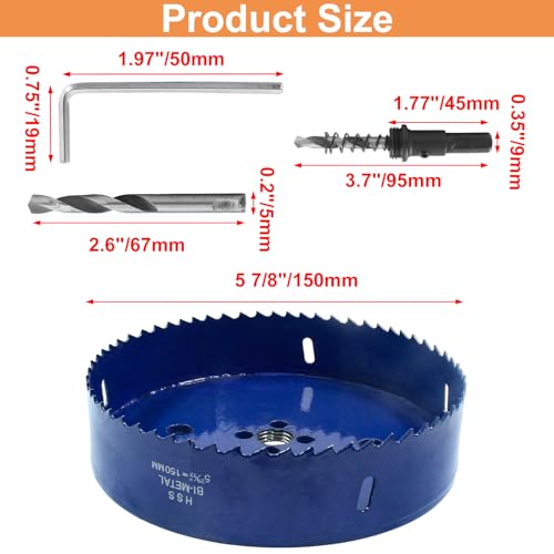 Image of Luomorgo 150mm /5 7 /8 inch Hole Saw, 1 1 /4 inch Cutting Depth HSS Bi-Metal Hole Cutter for Wood Cornhole Boards Plastic Drywall & Metal Sheet