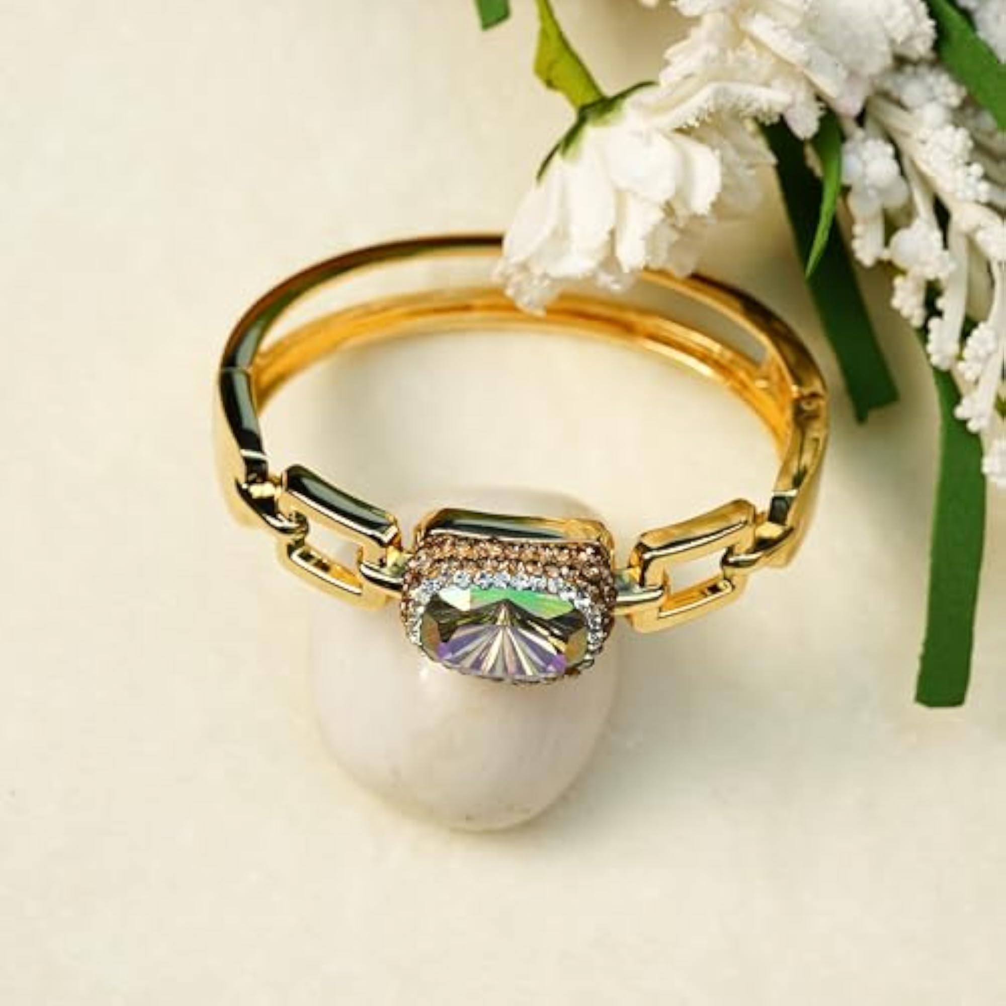 Gold Stainless Steel Crystal Bangle Bracelet, Elegant Design