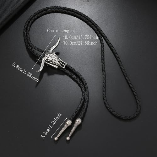 Image of Joxevyia Bolo Tie for Men Vintage Cow Skull Leather Rope Western Cowboy Necktie Vintage Bola Tie Gift for Him