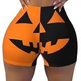 SEOCKA Halloween Orange Black Pumpkin Face Women's High Waist Workout Yoga Shorts Stretch Shorts Running Sports Short Pants Xx-Large