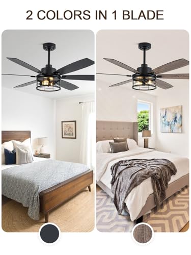 Image of 60 Inch Farmhouse Ceiling Fan with Lights and Remote Large Rustic Ceiling Fan Caged Fandelier Chandelier, 6 Dual Blades Reversible Quiet DC Motor 3CCT 6 Speed for Living Room Indoor Outdoor